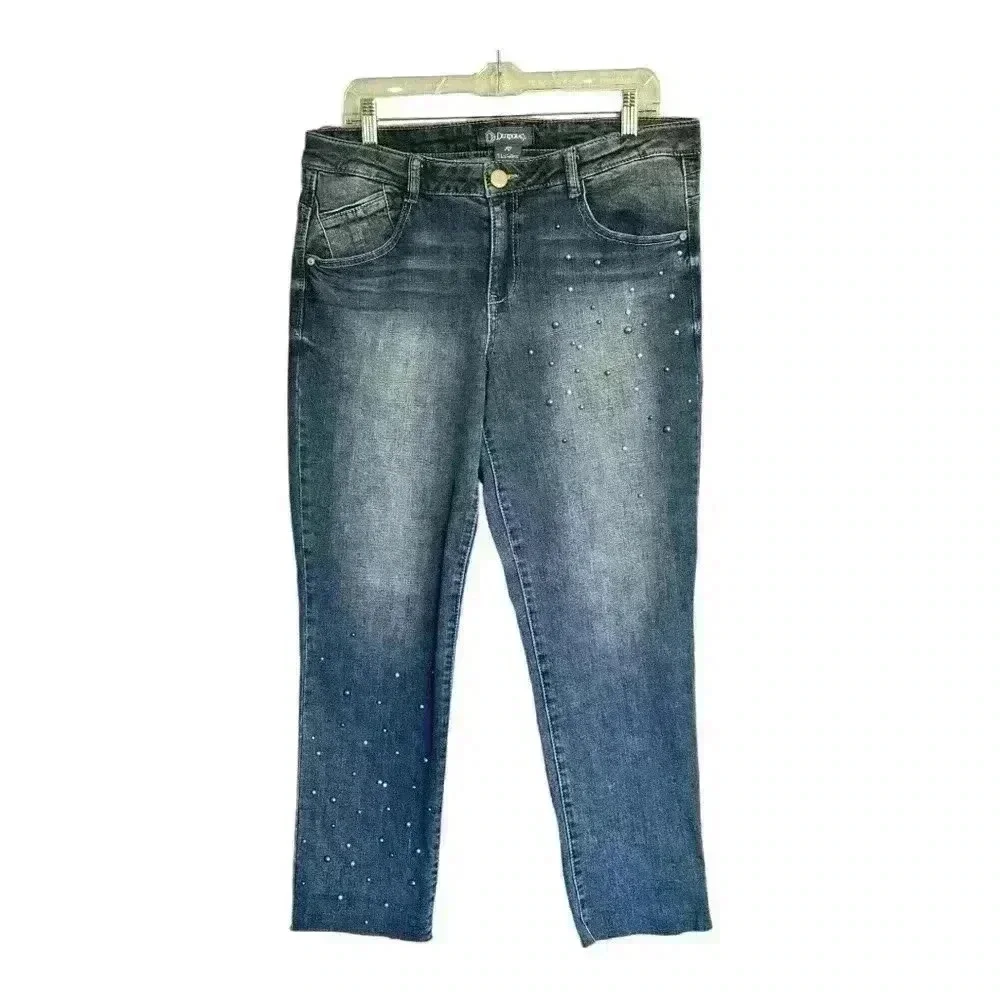 Democracy Flex-ellent Raw Hem Cropped Jeans Medium Wash Pearl Accents Women’s 10